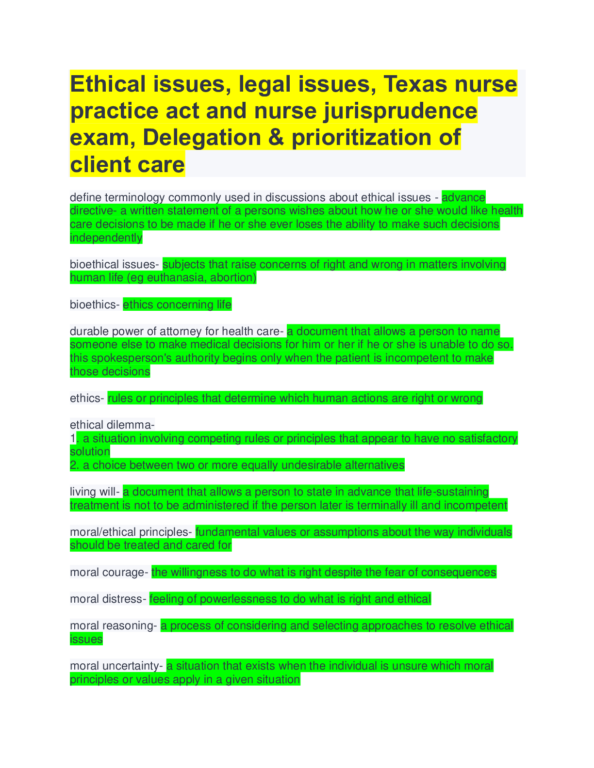 Preview of Ethical issues, legal issues, Texas nurse practice act and nurse jurisprudence exam, Deleg